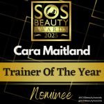 One of Cara's badges for the award nominations at the SOS Beauty Awards 2025.