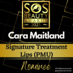 One of Cara's badges for the award nominations at the SOS Beauty Awards 2025.