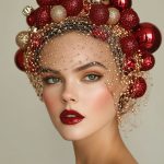 A close-up of a woman with a striking headpiece made of red and gold Christmas baubles. Her makeup is bold focusing on her eyes and eyeliner tattoo.