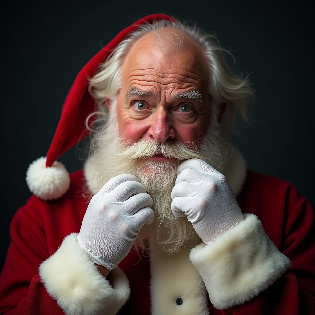 Santa Claus wearing a red coat, gloves and his hat on back of head. He shows signs of anxiety regarding his hair loss.