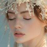 Close up of a woman with her eyes closed wearing a decorative headpiece. She has had festive semi-permanent eyeliner treatment.