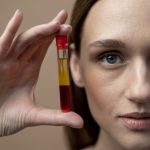 Young woman holding PRP vial for platelet-rich plasma injection therapy.